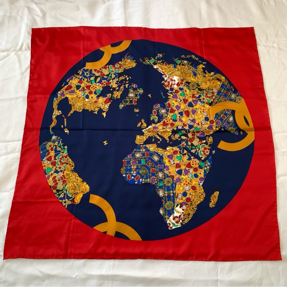 Chanel Silk Scarf Gripoix Jewel World Map